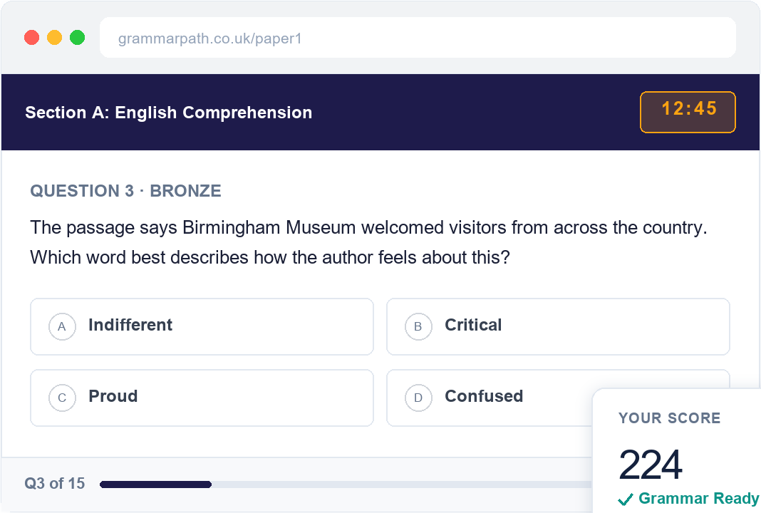 A GrammarPath interactive practice paper open in a browser, showing a timed English comprehension question with four answer options