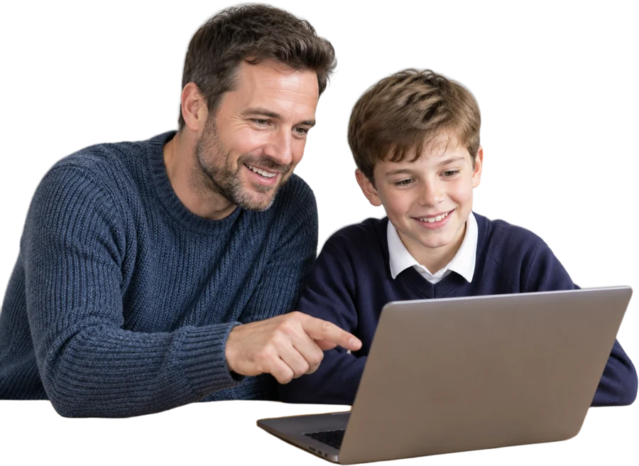 A dad and his son working through 11+ practice together on a laptop