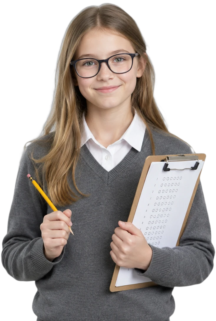 A pupil with a pencil and a practice test on a clipboard